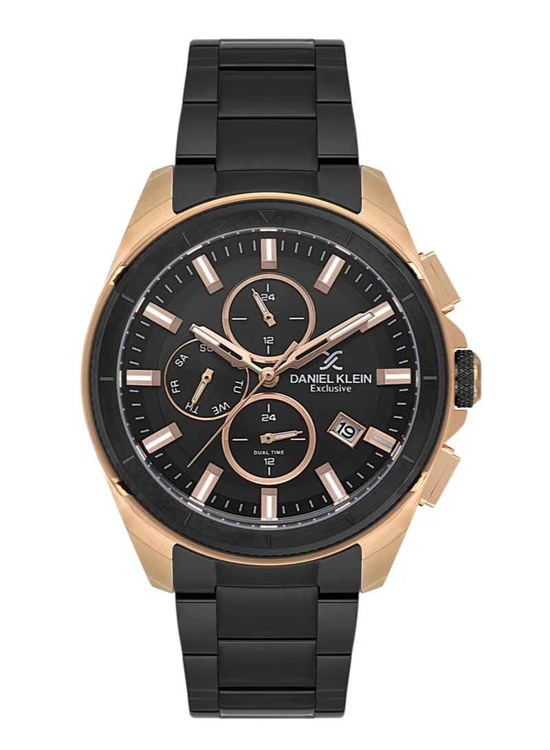 DANIEL KLEIN Men's Stainless Steel Rose Gold and Black Alloy Case Analog Black Round Sunray Dial Japanese Quartz Exclusive 50 Meters Water Resistant